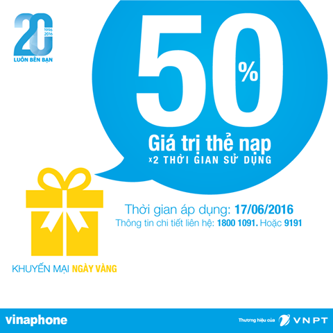 Vinaphone khuyến mãi 50% giá trị thẻ nạp ngày 17/6/2016